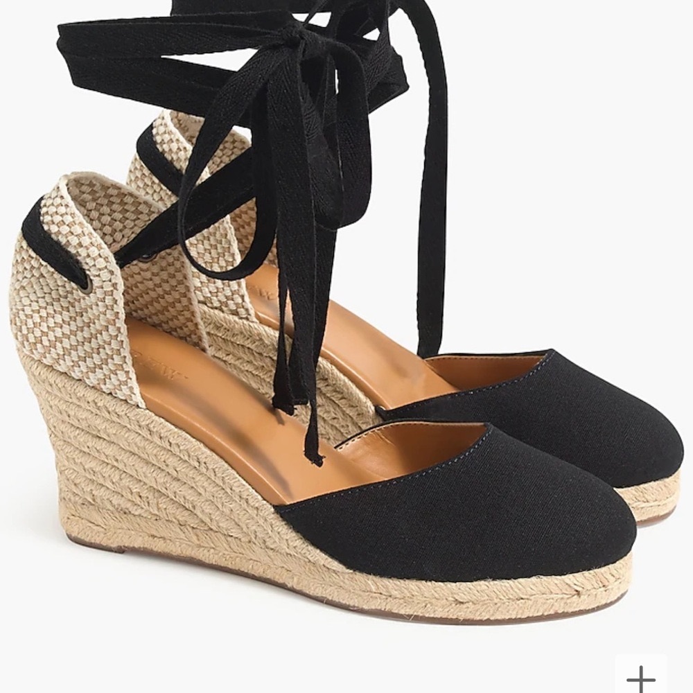 J. Crew Factory New Size 6 Canvas Ankle Wrap Espadrille Wedges Tie Black